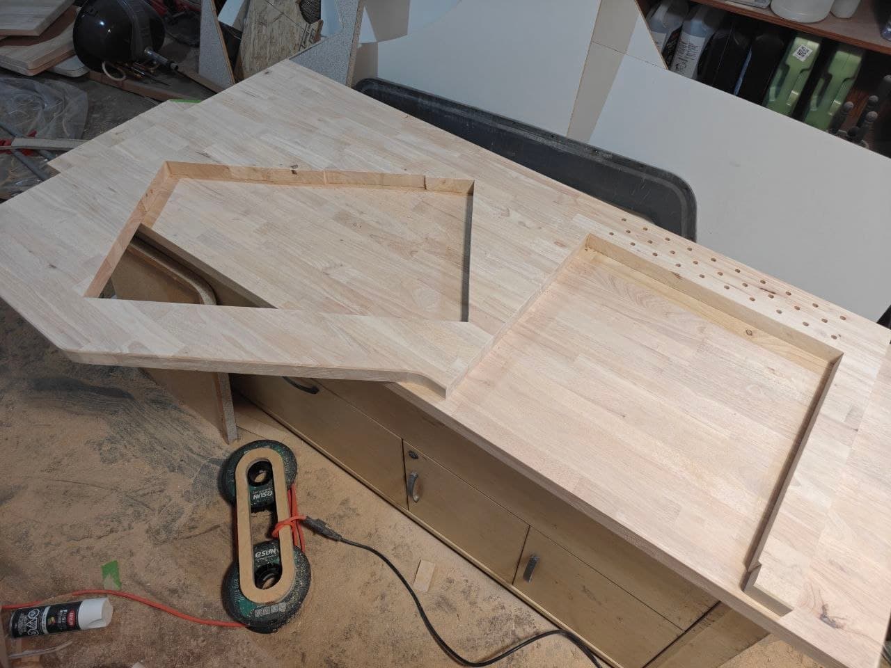 Solid wood countertop being fabricated in the workshop