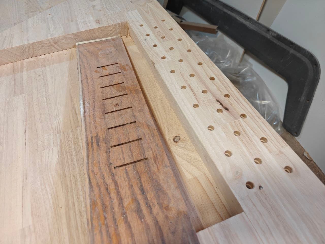 Wood joinery detail during countertop fabrication